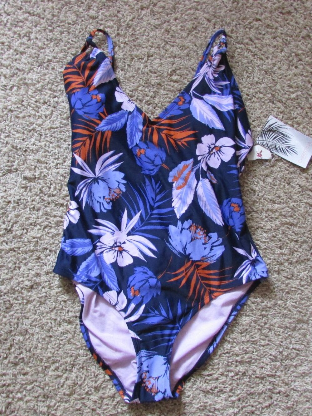 NWT Christina Large Blue Tropical One Piece Swimsuit Pad Bra Cross Back straps